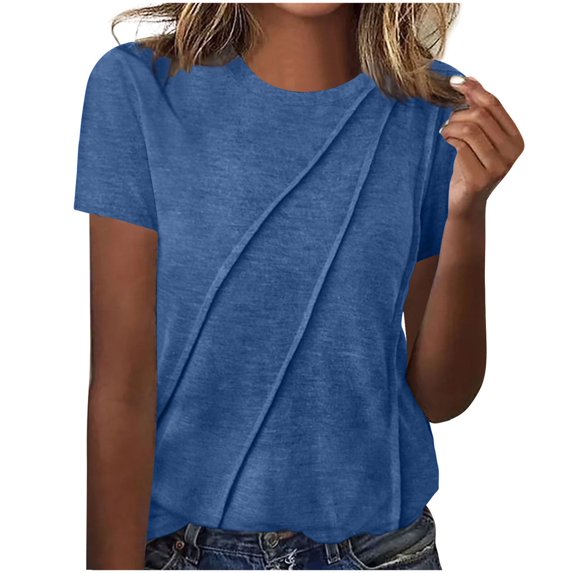 Olyvenn Women's Solid Color Pleated Tunic Tops, Summer Casual Lightweight Short Sleeve Tees Shirt Comfy Breathable Clothes Blue 4-6