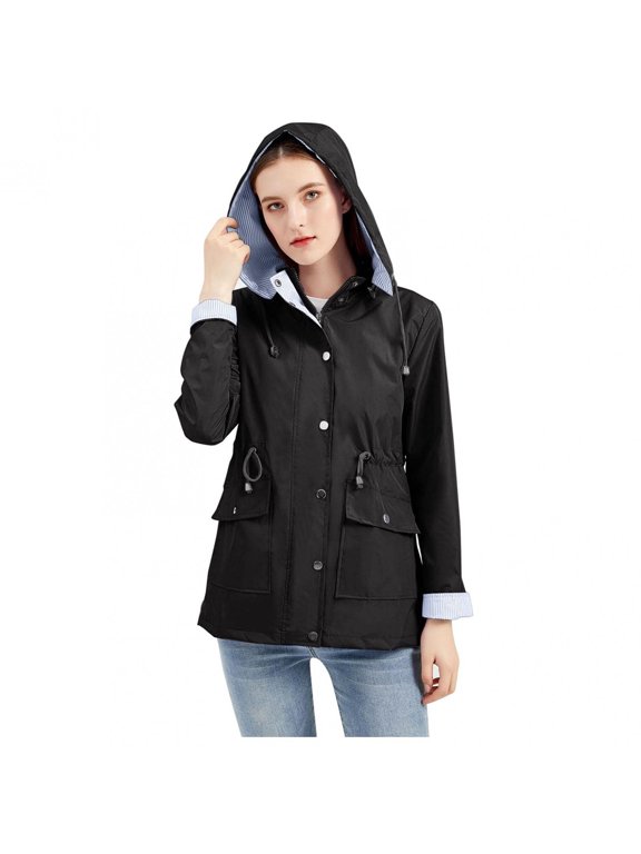 Women's Solid Color Rain Waterproof Jacket With Removable Hoodie Casual Lightweight Windbreaker Outdoor Long Sleeve Slim Fit Tunic Walking Midi Coat Female Outerwear Black L
