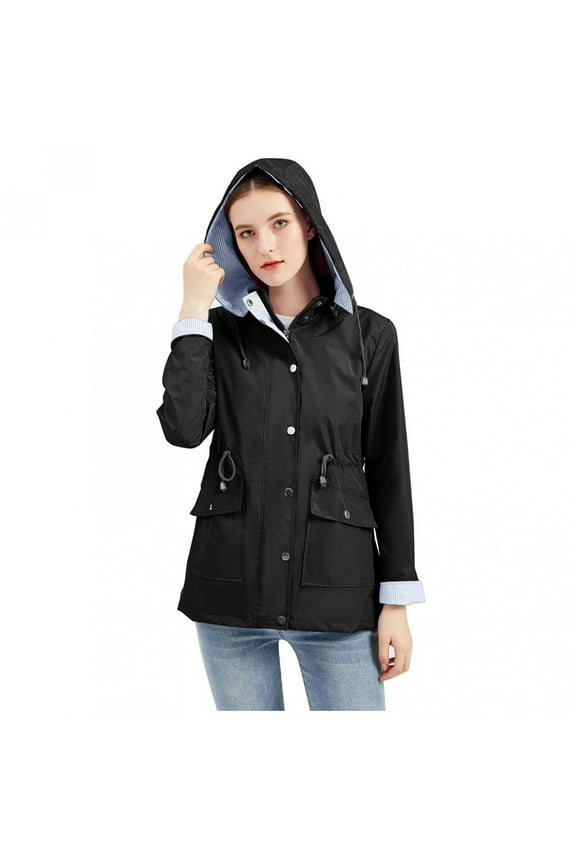 Women's Solid Color Rain Waterproof Jacket With Removable Hoodie Casual Lightweight Windbreaker Outdoor Long Sleeve Slim Fit Tunic Walking Midi Coat Female Outerwear Black L