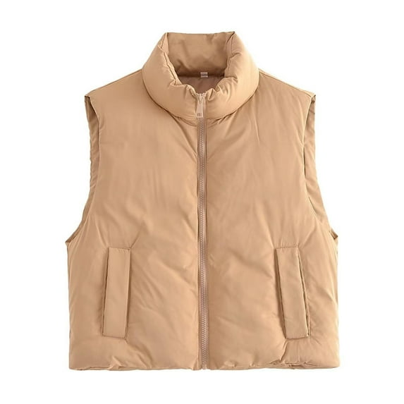 Olyvenn Women's Solid Color Stand Collar Sleeveless Zipper Pockets Padded Vest Gilet Puffer Jacket Winter Warm Outerwear Crop Tops Yellow 4
