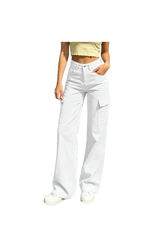 Women's Solid Color Straight Leg Pants, Elastic Waist, Button & Zipper Closure, Casual Trousers with Pockets White S