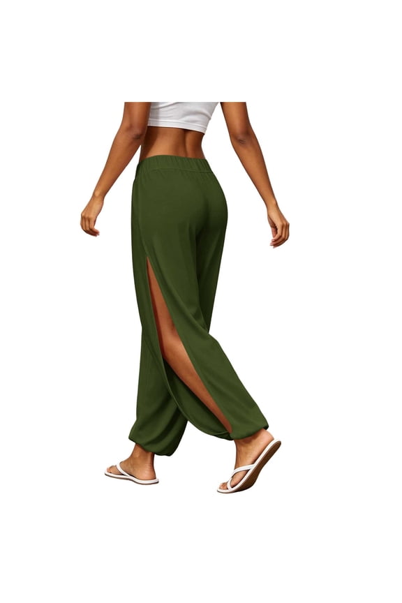 Women's Solid Color Yoga Pants, Elastic Waistband, Stylish Side Slit Design, Casual Stretch Trousers with Pockets Army Green M