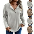 thumbnail image 1 of Olyvenn Women's Solid Half Button Front Drop Shoulder Long Sleeve Sweatshirt Casual Comfort Regular Fit Waffle Knit Pullover Tops Gray XL, 1 of 9