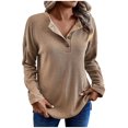 thumbnail image 1 of Olyvenn Women's Solid Half Button Front Drop Shoulder Long Sleeve Sweatshirt Casual Comfort Regular Fit Waffle Knit Pullover Tops Khaki XL, 1 of 9