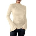 thumbnail image 1 of Olyvenn Women's Solid Lettuce Trim Flounce Sleeve Crop T-Shirt, Casual Elegant Chic Mock Neck Long Sleeve Skinny Tee Beige L, 1 of 4