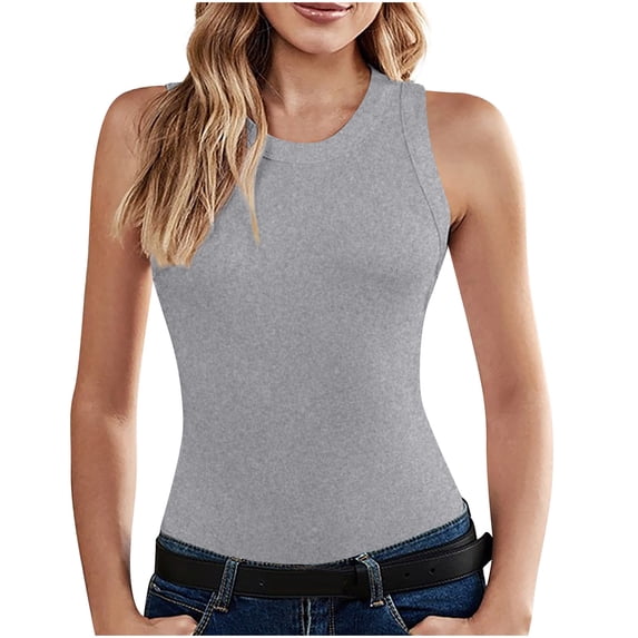 Olyvenn Women's Sports Tank Tops Trendy Seamless Sleeveless Tees Skinny Solid Tops Crew Neck Active Slim Fit Breathable Tight Blouse Workout Women 2023 Summer Fashion Gray 4