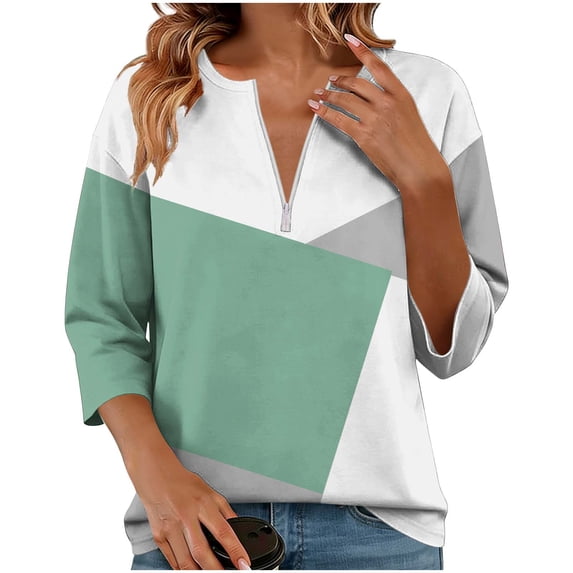 Olyvenn Women’s Spring Long Sleeve T-shirts Crewneck Half Zip Pullover Casual Loose Color Block Patchwork Tops Green L