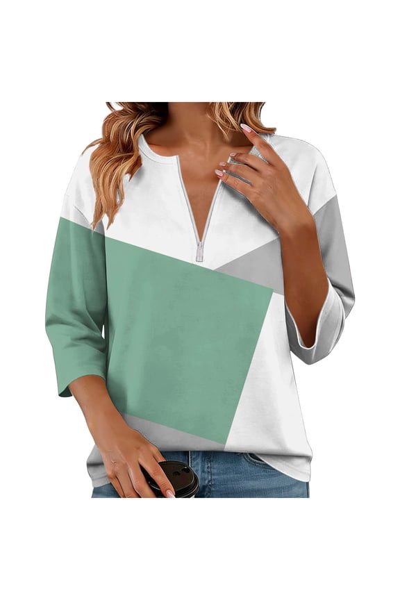 Women’s Spring Long Sleeve T-shirts Crewneck Half Zip Pullover Casual Loose Color Block Patchwork Tops Green L