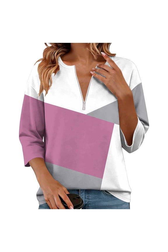 Women’s Spring Long Sleeve T-shirts Crewneck Half Zip Pullover Casual Loose Color Block Patchwork Tops Pink XL