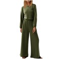 thumbnail image 1 of Olyvenn Women's Spring One Piece Jumpsuits Dressy Casual Long Sleeve Elastic Waist Pockets Wide Leg Long Pants Rompers Army Green 10, 1 of 7