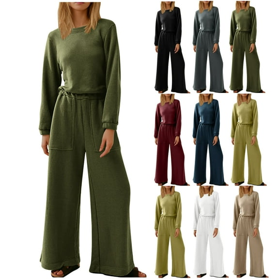 Olyvenn Women's Spring One Piece Jumpsuits Dressy Casual Long Sleeve Elastic Waist Pockets Wide Leg Long Pants Rompers Army Green 6