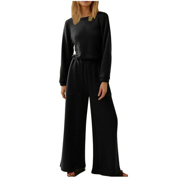 Olyvenn Women's Spring One Piece Jumpsuits Dressy Casual Long Sleeve Elastic Waist Pockets Wide Leg Long Pants Rompers Black 6