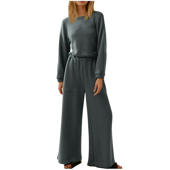 Olyvenn Women's Spring One Piece Jumpsuits Dressy Casual Long Sleeve Elastic Waist Pockets Wide Leg Long Pants Rompers Gray 6