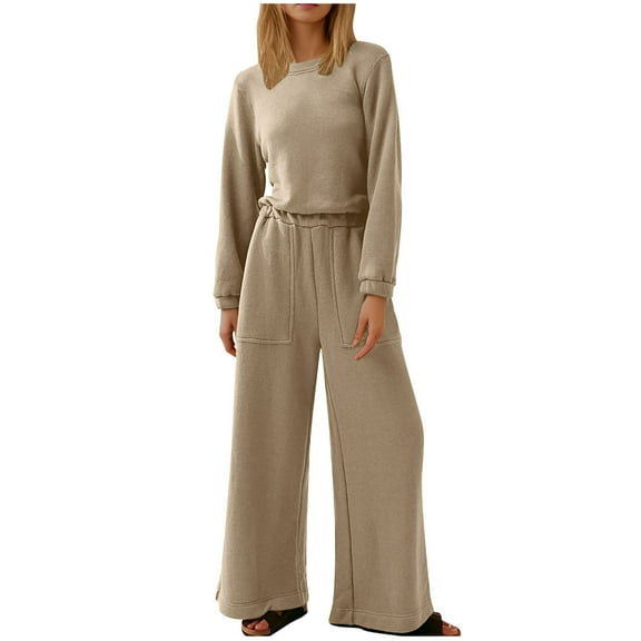 Olyvenn Women's Spring One Piece Jumpsuits Dressy Casual Long Sleeve Elastic Waist Pockets Wide Leg Long Pants Rompers Khaki 6