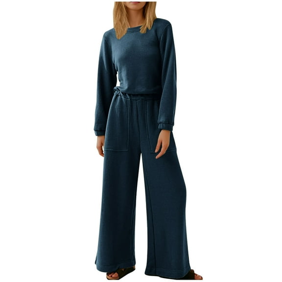 Olyvenn Women's Spring One Piece Jumpsuits Dressy Casual Long Sleeve Elastic Waist Pockets Wide Leg Long Pants Rompers Navy 12