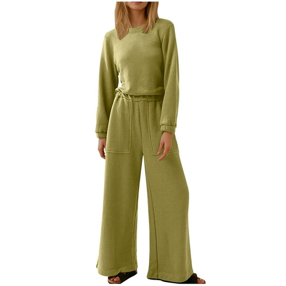Olyvenn Women's Spring One Piece Jumpsuits Dressy Casual Long Sleeve Elastic Waist Pockets Wide Leg Long Pants Rompers Yellow 4