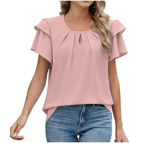 Olyvenn Women's Spring and Summer Ruffled Tops Puff Sleeve Fashion Loose Solid Color Keyhole Neck Short Sleeve Chiffon Shirt Pink 20-22