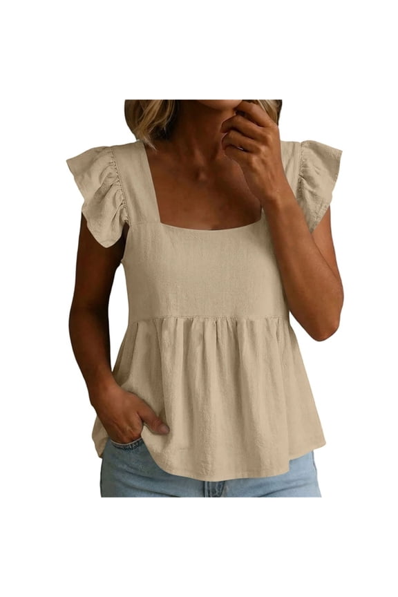 Women's Square Neck Ruffle-Sleeve Peplum Top, Lightweight Fabric, Casual Summer Blouse Khaki L