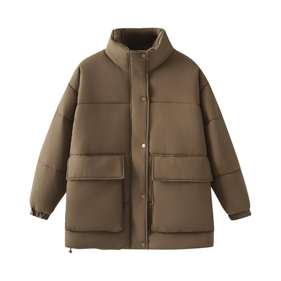Olyvenn Women's Stand Collar Puffer Jacket Casual Quilted Warm Padded Down Coats Thick Insulated Winter Outerwear with Pockets Brown XXL