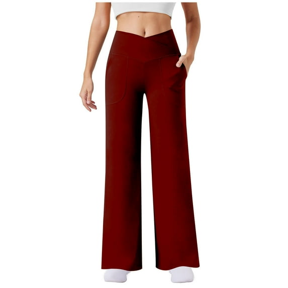 Olyvenn Women's Straight Wide Leg Yoga Pants V Crossover High Waist Bootcut Workout Leggings with Pockets Open Bottom Wine XXL