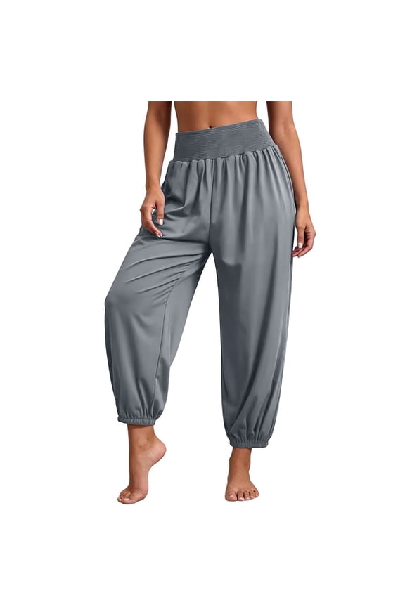 Women's Stretch Yoga Pants, Smocked Elastic Waist, Loose Fit Comfort Trousers for Fitness & Relax Gray S
