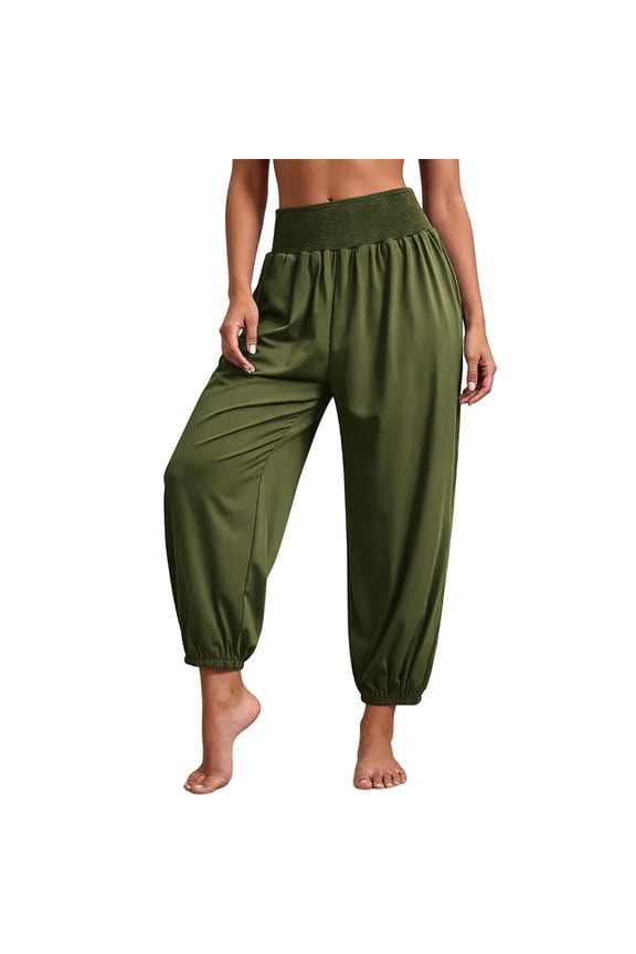 Women's Stretch Yoga Pants, Smocked Elastic Waist, Loose Fit Comfort Trousers for Fitness & Relax Green S