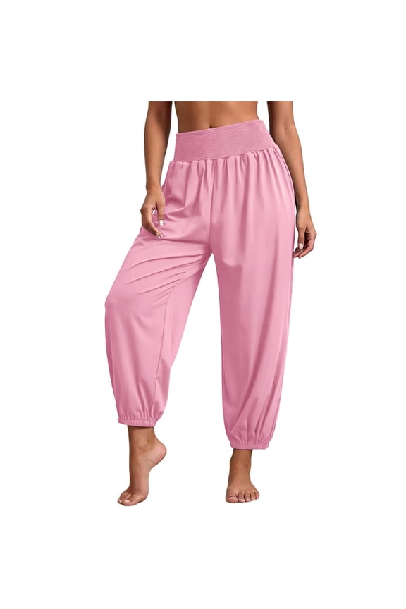 Women's Stretch Yoga Pants, Smocked Elastic Waist, Loose Fit Comfort Trousers for Fitness & Relax Pink XXXL