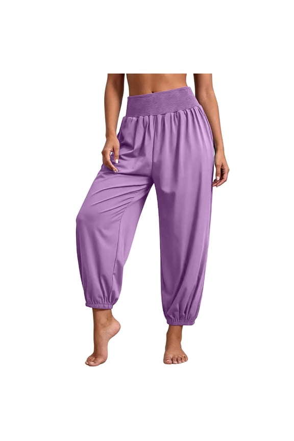 Women's Stretch Yoga Pants, Smocked Elastic Waist, Loose Fit Comfort Trousers for Fitness & Relax Purple S