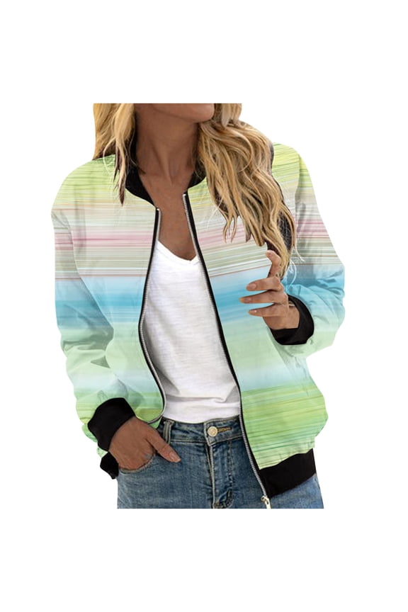 Women's Striped Bomber Jacket Long Sleeve Lightweight Zip Up Outwear Spring Fall Fashion Printed Blouse Jacket Tops Outwear Green 12