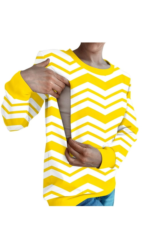 Women's Striped Breastfeeding Nursing Tops Zip Side Long Sleeve Crewneck Sweatshirt Loose Postpartum Casual T-Shirts Yellow S