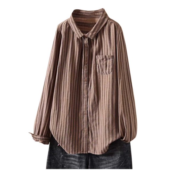 Olyvenn Women's Striped Button Down Shirts Long Sleeve Oversized Blouse Boyfriends Casual Loose Tunics Business Work Tops Coffee 6