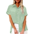 thumbnail image 1 of Olyvenn Women's Striped Cotton Linen Shirts Loose Lapel Summer Tops Dressy Casual Short Sleeve Trendy 2025 Tunic Blouse Green S, 1 of 6