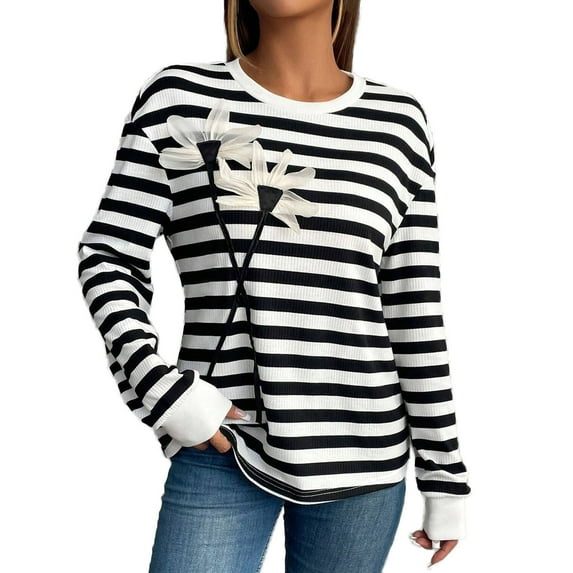Olyvenn Women's Striped Knitted Crew Neck Pullover Y2k Flower Patchwork Cottagecore Sweater Long Sleeve Blouse Shirts Black L