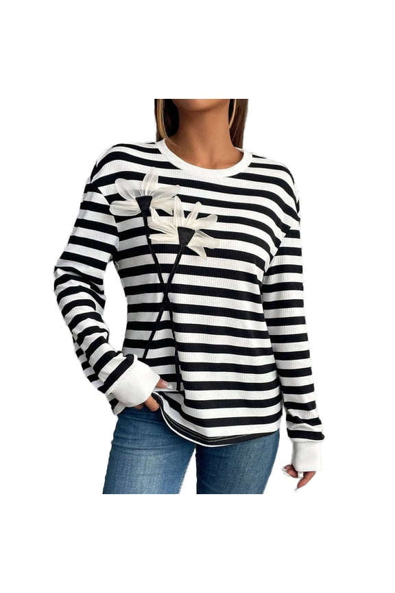 Women's Striped Knitted Crew Neck Pullover Y2k Flower Patchwork Cottagecore Sweater Long Sleeve Blouse Shirts Black S
