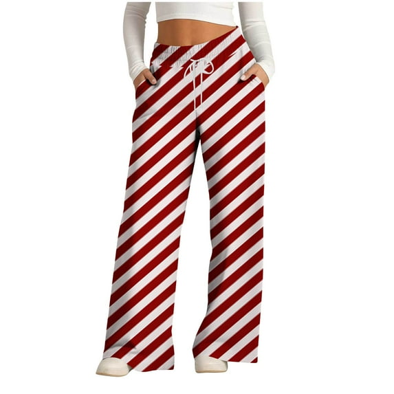 Olyvenn Women's Striped Lounge Pants, Straight-Leg Loose Pajama Pants for Women Flowy Wide Leg Palazzo Trousers with Pockets Red 4