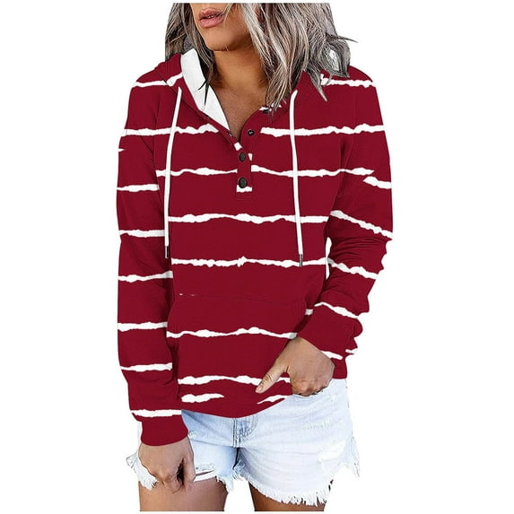 Olyvenn Women's Striped Print Drawstring Hoodies Long Sleeve Sweatshirt Y2K Hip-hop Pullover Button Down Top with Pocket Wine XXL