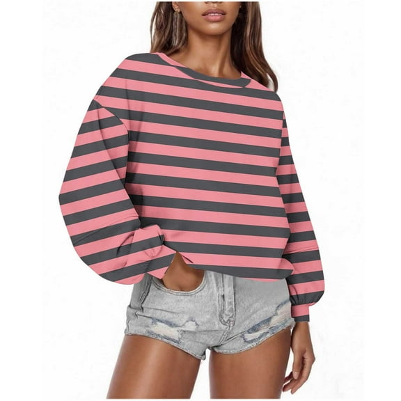 Olyvenn Women's Striped Sweatshirts 2025 Fall Trendy Casual Crewneck Tunic Tops Long Sleeve Loose Color Block Pullovers Red M
