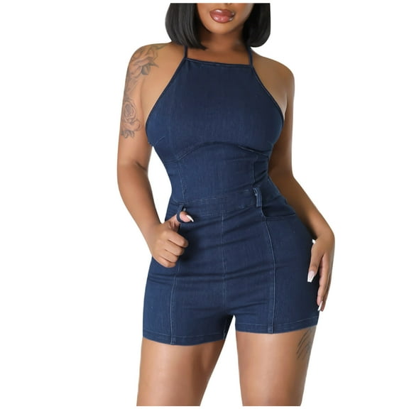 Olyvenn Women's Stylish Backless Bodycon Denim Shorts Jumpsuit Halter Sleeveless Rompers One Piece Jean Shorts Blue 12