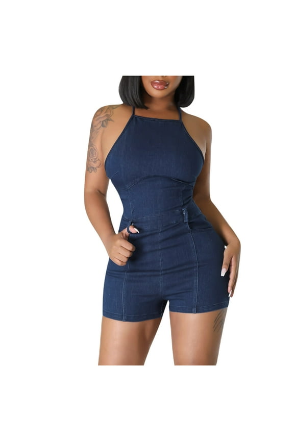 Women's Stylish Backless Bodycon Denim Shorts Jumpsuit Halter Sleeveless Rompers One Piece Jean Shorts Blue 6