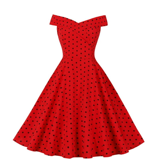 Olyvenn Women's Summer A-line Flowy Long Beach Dresses Peplum Pleated Big Swing High Waist Smocked Formal Cap Short Sleeve Cocktail Dress Polka Dot Sundress Portrait V Neck Babydoll Red 6