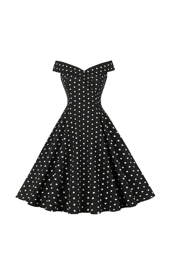 Women's Summer A-line Flowy Long Beach Dresses Peplum Pleated Big Swing High Waist Smocked Formal Cap Short Sleeve Cocktail Dress Polka Dot Sundress Portrait V Neck Babydoll Black 10