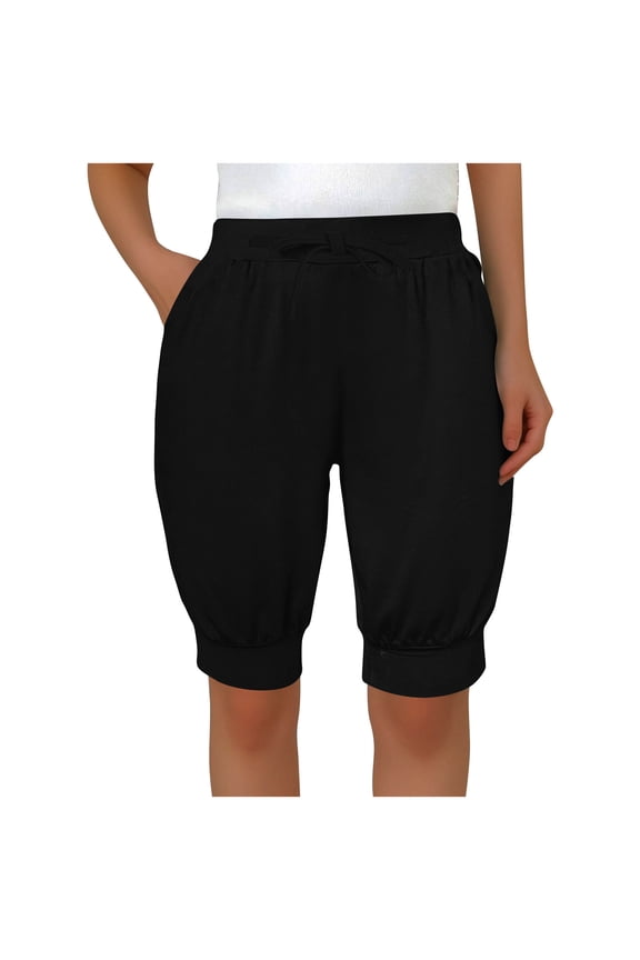 Women's Summer Baggy Bloomers Capri Pants with Pockets Drawstring Elastic Waist Cropped Harem Pants Black 10