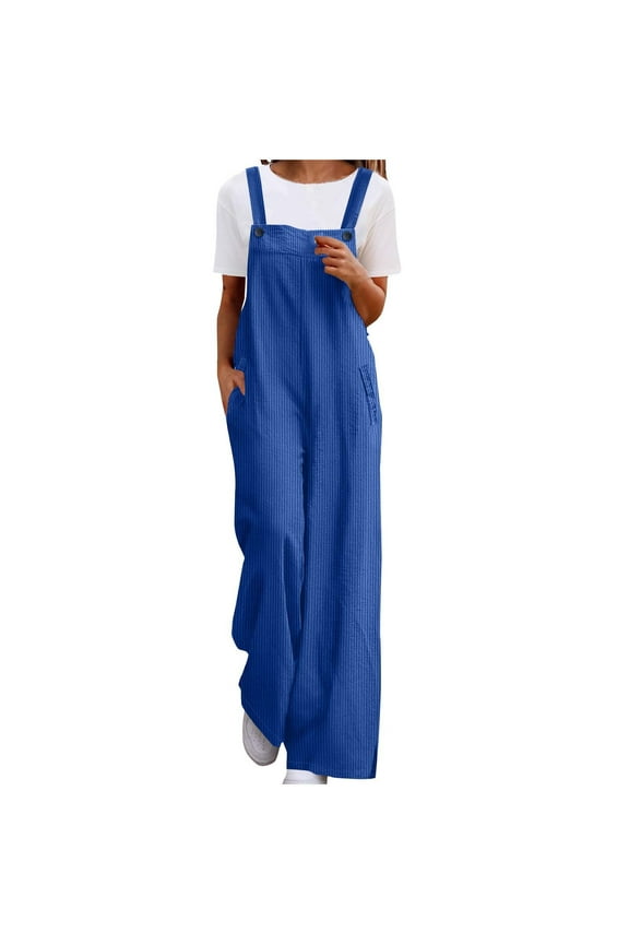 Women's Summer Boho Casual Jumpsuits Wide Leg Corduroy Overalls Floral Print Baggy Rompers with Pocket Adjustable Straps Baggy Pants Blue 16-18