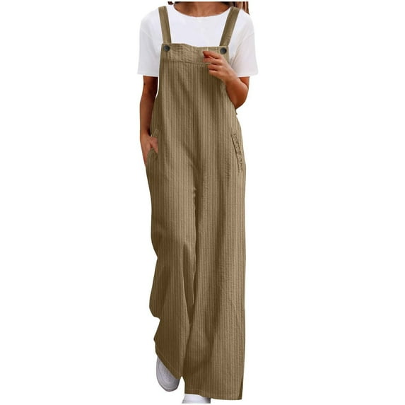 Olyvenn Women's Summer Boho Casual Jumpsuits Wide Leg Corduroy Overalls Floral Print Baggy Rompers with Pocket Adjustable Straps Baggy Pants Khaki 12-14
