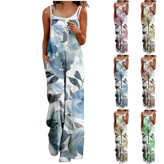 Olyvenn Women's Summer Boho Casual Jumpsuits Wide Leg Overalls Elegant Print Baggy Rompers with Pocket Sleeveless Back Strap Jumpsuit Blue 14