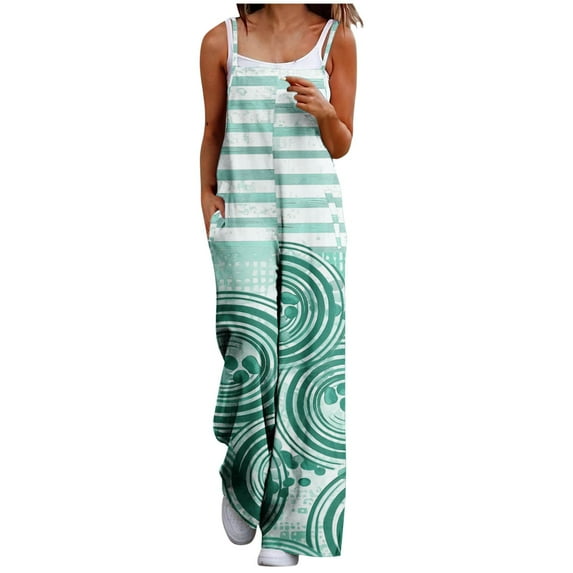 Olyvenn Women's Summer Boho Casual Jumpsuits Wide Leg Overalls Vintage Striped Print Baggy Rompers with Pocket Jeans Jumpsuit Green 4