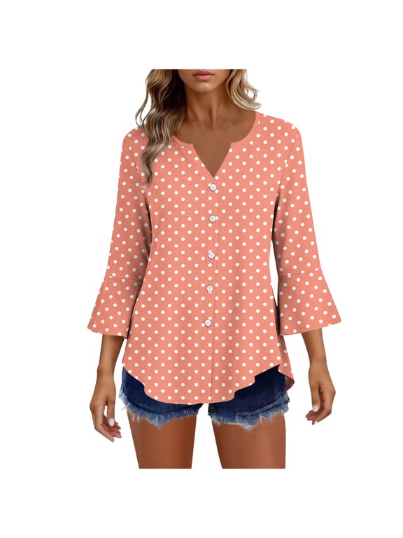 Women's Summer Boho Polka Dot 3/4 Sleeve Blouse, V-Neck Button Front Ruffle Hem Loose Lightweight Casual Shirt Orange XXL