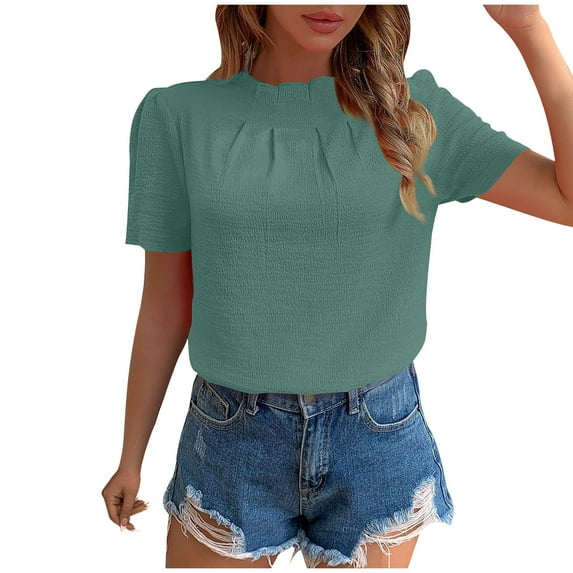Olyvenn Women's Summer Boho Shirt Top Ruffle Short Sleeve Frill Trim Mock Neck Floral Solid 2025 Casual Blouses Shirts Tops Army Green XXL