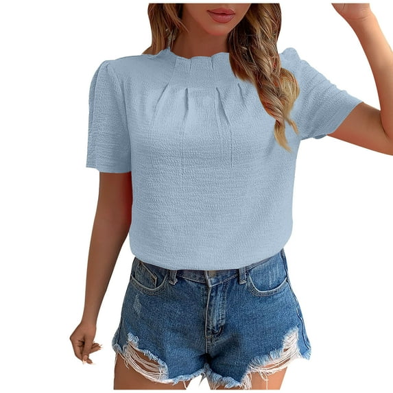 Olyvenn Women's Summer Boho Shirt Top Ruffle Short Sleeve Frill Trim Mock Neck Floral Solid 2025 Casual Blouses Shirts Tops Sky Blue XXL