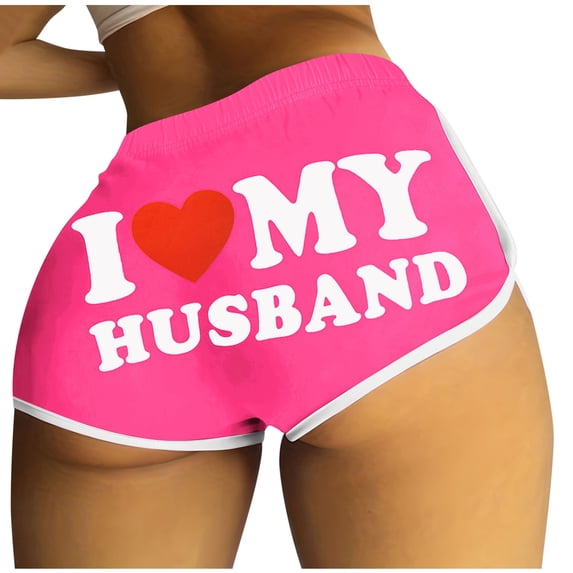 Olyvenn Women's Summer Booty Shorts I Love My Husband Heart Print Drawstring Beach Shorts Yoga Workout Shorts with Pockets Hot Pink 10